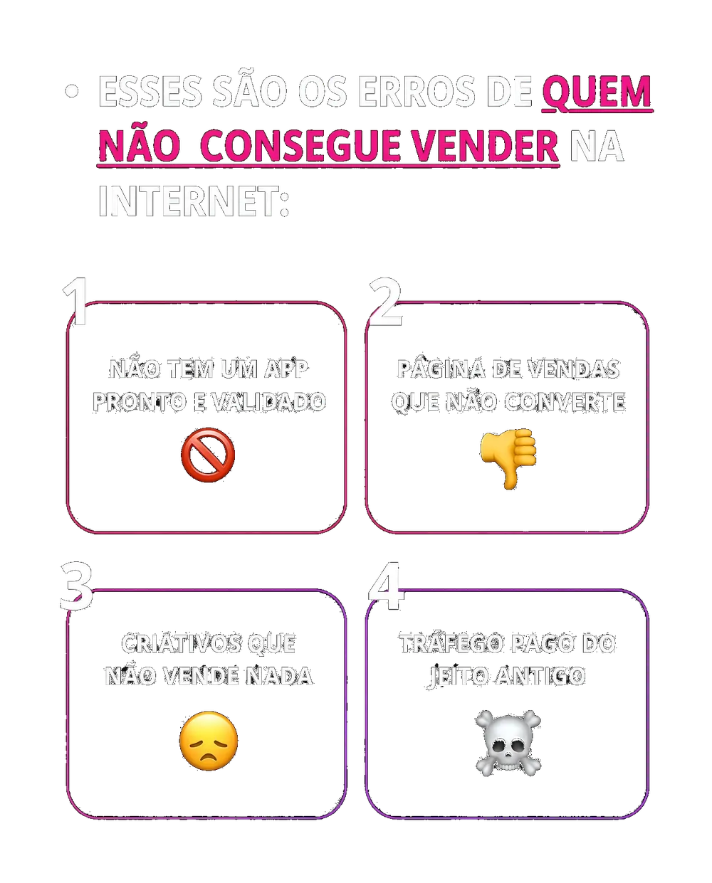 Esses são os erros de quem não consegue vender na internet: não tem um app pronto e validado, página de vendas que não converte, criativos que não vende nada, tráfego pago do jeito antigo